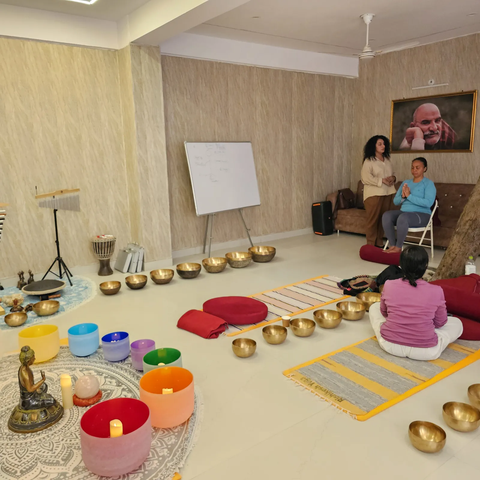 Student practising singing bowl technique