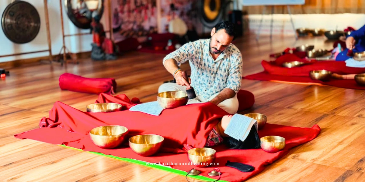 7 Chakra Singing Bowls Used in a Sound Healing Session
